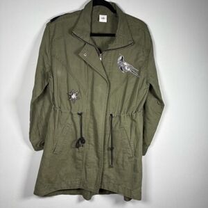 Cabi Green Utility Jacket with Embroidered Birds Star Linen Cotton Blend Sz S